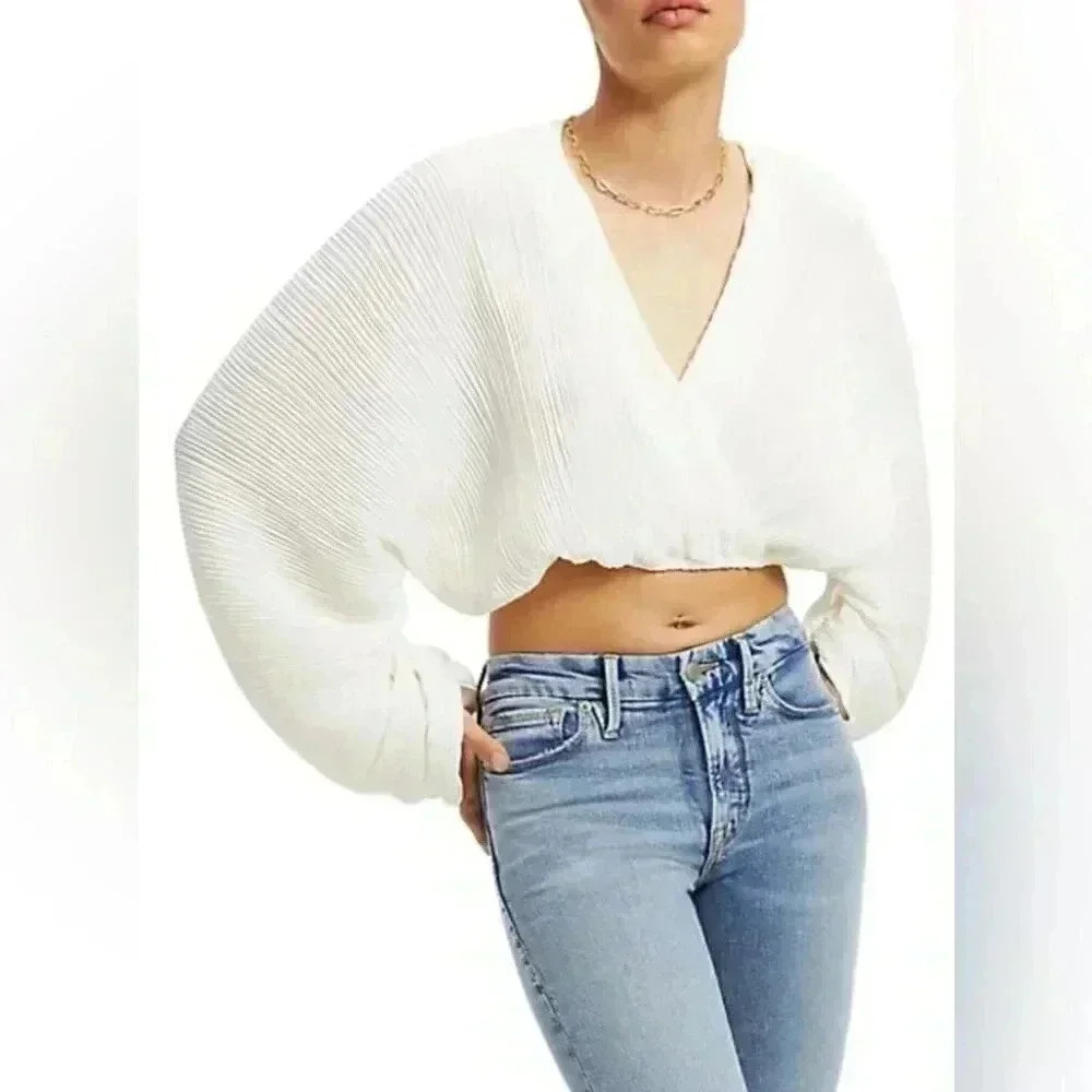 Good American Plissé Sculpted Crop Top | Long Sleeve Cream, Size 1/2, NWT